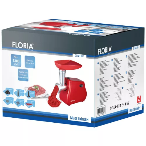 Mașină de Tocat Carne Electrică Floria ZLN2387 - 1300W, Roșie, cu Accesorii pentru Kebbe și Cârnați