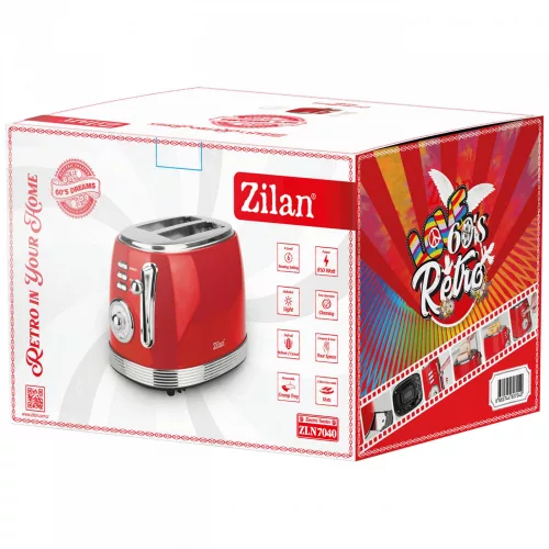 Prăjitor de Pâine Zilan ZLN7040, 2 Fante, 6 Niveluri de Prăjire, 850W, Roșu, Retro
