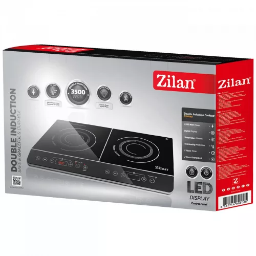 Plită cu inducție dublă Zilan ZLN8088, Culoare Neagră, Putere 2000W și 1500W, Suprafață din Cristal de Sticlă Rezistent