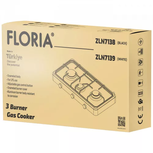 Aragaz Portabil Floria cu 3 Arzătoare, Model ZLN7139, Alb, pentru Utilizare cu Gaz Petrolier Lichefiat