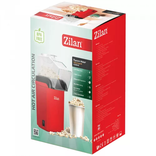 Aparat pentru Floricele Zilan, 1200 W, Capacitate 2 Litri, Fără Ulei, Roșu - Model ZLN8046 (ZLN8044/RD)