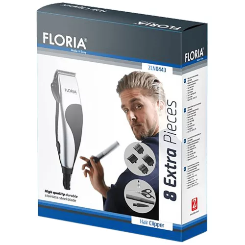 Aparat de Tuns Profesional Floria ZLN0443, 9W, 8 Accesorii, Lame din Oțel Inoxidabil