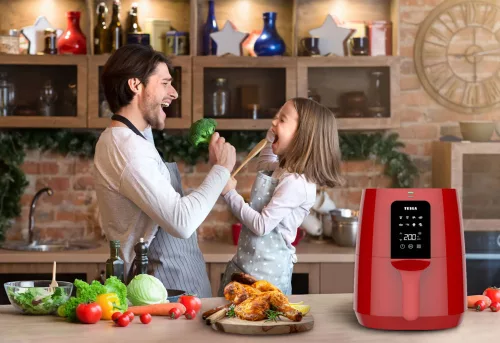 TESLA AirCook Q30 - Cuptor Multifuncțional cu Aer Cald Digital, 3,8 Litri, 1300W, Roșu
