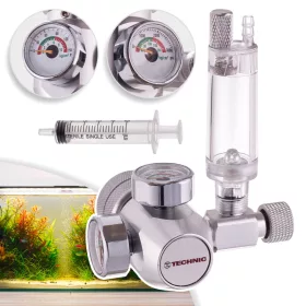   Reductor de dioxid de carbon (CO2) pentru acvariu, cu numărător de bule integrat, două manometre și racord standard W21,8 x 1/14", ideal pentru sisteme de CO2 în acvarii plantate și paludarii