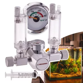  Reductor profesional de CO2 TC Technic pentru acvarii plantate, cu contor de bule, manometru, două ieșiri independente și racord intrare W21,8 x 1/14” pentru butelii standard de CO2