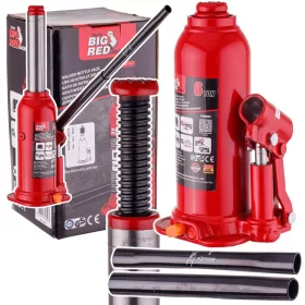   Cric hidraulic tip butelie BIG RED, 6 tone (6000 kg) capacitate de ridicare, înălțime de lucru 195–402 mm, design compact portabil, supapă de siguranță integrată împotriva supraîncărcării, pentru autoturisme și vehicule utilitare ușoare