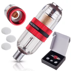   Separator de apă și filtru de aer de înaltă precizie pentru aerograf, cu conexiune standard 1/8", rezervor transparent de 2 cm³ și set de 4 cartușe filtrante din bronz sinterizat și bumbac, pentru montaj direct sub aerograf