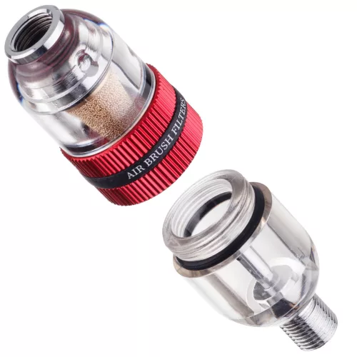 Separator de apă și filtru de aer de înaltă precizie pentru aerograf, cu conexiune standard 1/8", rezervor transparent de 2 cm³ și set de 4 cartușe filtrante din bronz sinterizat și bumbac, pentru montaj direct sub aerograf