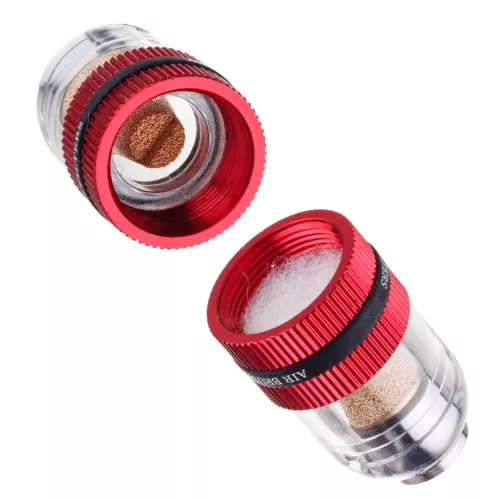 Separator de apă și filtru de aer de înaltă precizie pentru aerograf, cu conexiune standard 1/8", rezervor transparent de 2 cm³ și set de 4 cartușe filtrante din bronz sinterizat și bumbac, pentru montaj direct sub aerograf