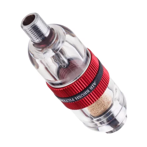 Separator de apă și filtru de aer de înaltă precizie pentru aerograf, cu conexiune standard 1/8", rezervor transparent de 2 cm³ și set de 4 cartușe filtrante din bronz sinterizat și bumbac, pentru montaj direct sub aerograf