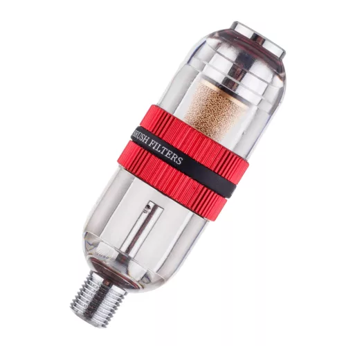 Separator de apă și filtru de aer de înaltă precizie pentru aerograf, cu conexiune standard 1/8", rezervor transparent de 2 cm³ și set de 4 cartușe filtrante din bronz sinterizat și bumbac, pentru montaj direct sub aerograf