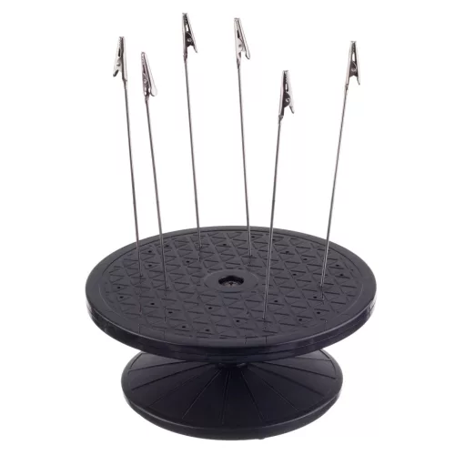 Set profesional 2x suport de vopsire rotativ și reglabil cu cleme din oțel, platformă 20 cm, înălțime 8–17 cm, lățime 4–13 cm, cu coloane de protecție împotriva pulverizării – pentru modelism, vopsirea miniaturilor și piese de precizie