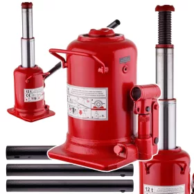   Cric hidraulic BIG RED tip sticlă / coloană, cu 2 trepte, capacitate 12T (12.000 kg), înălțime de ridicare 230–590 mm, construcție din oțel, pentru autoturisme și vehicule comerciale ușoare, greutate ~7,8 kg
