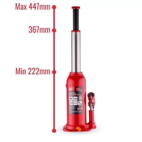 Cric hidraulic tip stâlp Big Red pentru auto, capacitate ridicare 10T (10000 kg), înălțime maximă ridicare 447 mm, construcție din oțel, design compact și portabil