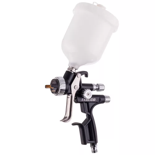 Pistol de vopsit ITALCO GLOSS X1 HVLP (Debit mare de aer, presiune joasă), duză 1,3 mm, rezervor superior 600 ml, presiune nominală 2,0 bar, consum aer 400–450 l/min pentru vopsele și lacuri pe bază de apă și solvent