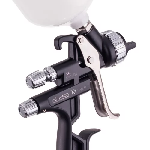 Pistol de vopsit ITALCO GLOSS X1 HVLP (Debit mare de aer, presiune joasă), duză 1,3 mm, rezervor superior 600 ml, presiune nominală 2,0 bar, consum aer 400–450 l/min pentru vopsele și lacuri pe bază de apă și solvent