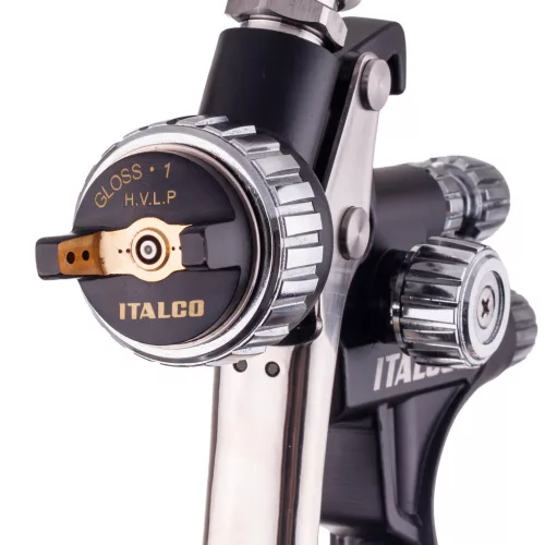 Pistol de vopsit ITALCO GLOSS X1 HVLP, duză 1,6 mm, rezervor superior 600 ml, consum aer 400–450 l/min, presiune nominală 2,0 bar / presiune maximă 3,0 bar