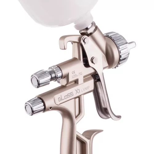 Pistol de vopsit profesional cu volum redus și presiune medie (LVMP) ITALCO GLOSS X1, duză 1,4 mm, rezervor superior 600 ml, consum aer 250–310 l/min, presiune nominală 2,5 bar, presiune maximă 3,5 bar