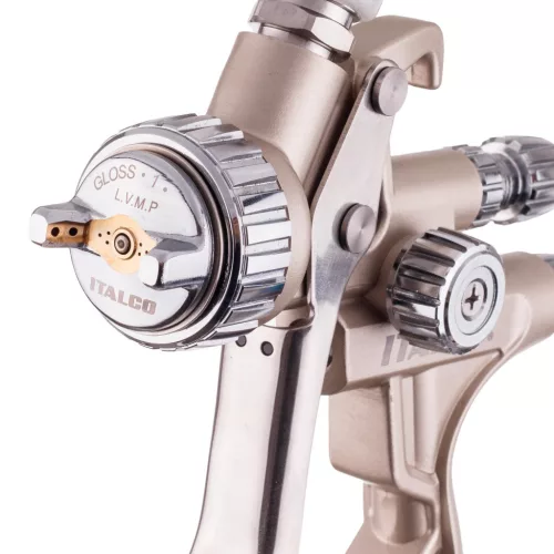 Pistol de vopsit profesional cu volum redus și presiune medie (LVMP) ITALCO GLOSS X1, duză 1,4 mm, rezervor superior 600 ml, consum aer 250–310 l/min, presiune nominală 2,5 bar, presiune maximă 3,5 bar