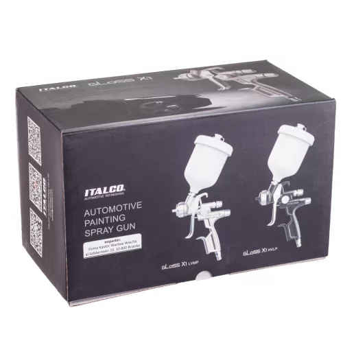 Pistol de vopsit profesional cu volum redus și presiune medie (LVMP) ITALCO GLOSS X1, duză 1,4 mm, rezervor superior 600 ml, consum aer 250–310 l/min, presiune nominală 2,5 bar, presiune maximă 3,5 bar