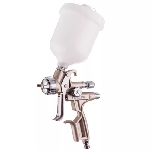 Pistol profesional de vopsit ITALCO GLOSS X1, tehnologie LVMP (consum redus de aer, presiune medie), duză LVMP 1,6 mm, rezervor superior 600 ml, consum aer 250–310 l/min, presiune de lucru 2,5 bar, presiune maximă 3,5 bar