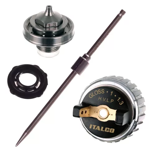 Set duză profesionlă HVLP Italco 1,6 mm pentru pistol de vopsit Italco GLOSS X1 M1, volum mare – presiune joasă, din alamă și oțel inoxidabil
