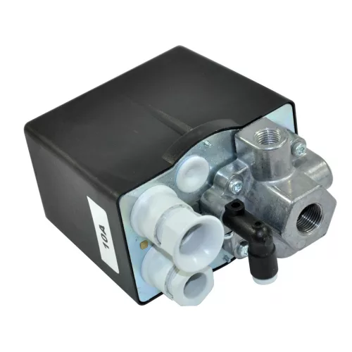 CONDOR MDR3 presostat industrial profesional 400 V până la 690 V, 16 A, domeniu 8–10 bar, comutator de presiune pentru compresor, racord furtun 6 mm, 3 × 1/4" + 1 × 3/8" filet interior