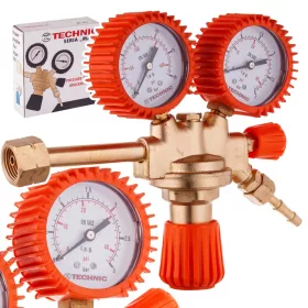   Regulator de presiune pentru butelii propan-butan ZR-39P, reductor profesional 0–3 bar reglabil, debit maxim 4 m³/h, cu manometre duble și racorduri filet 21,8 x 1/14 stânga / 3/8 stânga + ieșire cu stut pentru furtun de 8 mm