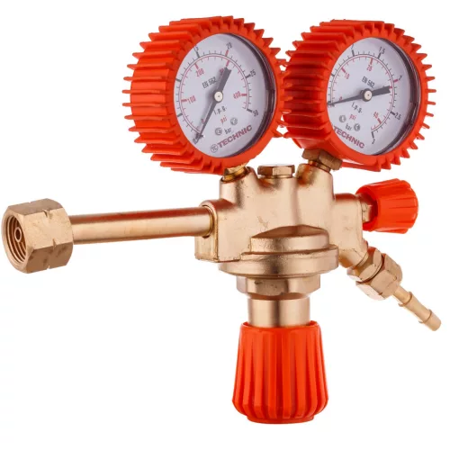 Regulator de presiune pentru butelii propan-butan ZR-39P, reductor profesional 0–3 bar reglabil, debit maxim 4 m³/h, cu manometre duble și racorduri filet 21,8 x 1/14 stânga / 3/8 stânga + ieșire cu stut pentru furtun de 8 mm