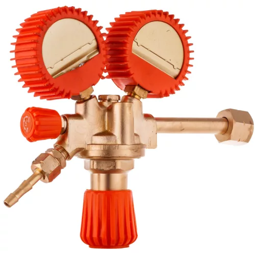 Regulator de presiune pentru butelii propan-butan ZR-39P, reductor profesional 0–3 bar reglabil, debit maxim 4 m³/h, cu manometre duble și racorduri filet 21,8 x 1/14 stânga / 3/8 stânga + ieșire cu stut pentru furtun de 8 mm