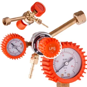   Regulator profesional de presiune pentru gaz propan–butan (PB) cu manometru, carcasă din alamă, domeniu presiune intrare 0–15 bar, presiune de ieșire reglabilă 0–4 bar, debit maxim 4 m³/h, racord intrare 21,8 × 1/14 filet stânga model ZR-15P
