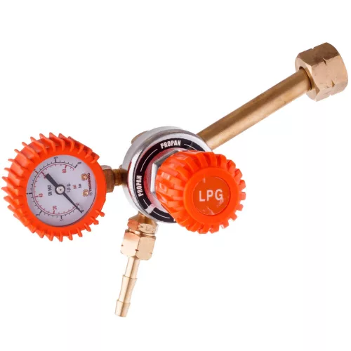 Regulator profesional de presiune pentru gaz propan–butan (PB) cu manometru, carcasă din alamă, domeniu presiune intrare 0–15 bar, presiune de ieșire reglabilă 0–4 bar, debit maxim 4 m³/h, racord intrare 21,8 × 1/14 filet stânga model ZR-15P