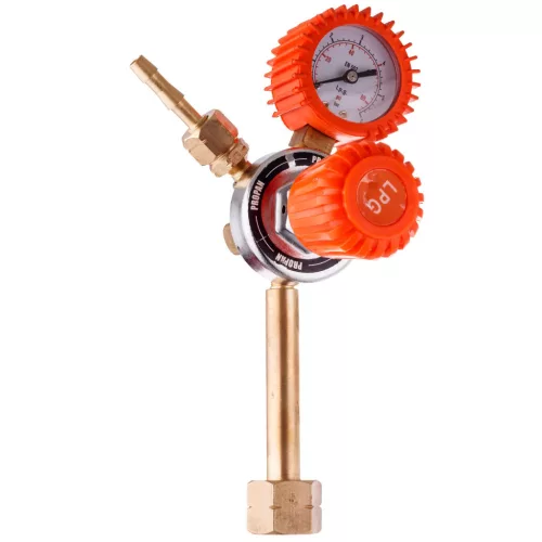 Regulator profesional de presiune pentru gaz propan–butan (PB) cu manometru, carcasă din alamă, domeniu presiune intrare 0–15 bar, presiune de ieșire reglabilă 0–4 bar, debit maxim 4 m³/h, racord intrare 21,8 × 1/14 filet stânga model ZR-15P