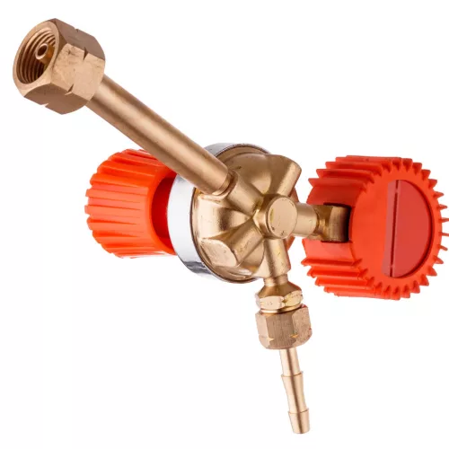 Regulator profesional de presiune pentru gaz propan–butan (PB) cu manometru, carcasă din alamă, domeniu presiune intrare 0–15 bar, presiune de ieșire reglabilă 0–4 bar, debit maxim 4 m³/h, racord intrare 21,8 × 1/14 filet stânga model ZR-15P