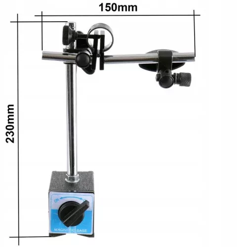 Suport magnetic profesional cu bază reglabilă OFF/ON pentru ceas comparator cu rulment, tijă 12/10 mm, braț 150 mm, prindere 8 mm, corp din oțel
