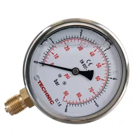  Manometru cu glicerină TC Technic, domeniu măsurare 0–6 bar, scală bar/PSI, diametru 100 mm, clasă de precizie 1,6, racord inferior filetat 1/2″, carcasă oțel, pentru gaze și lichide