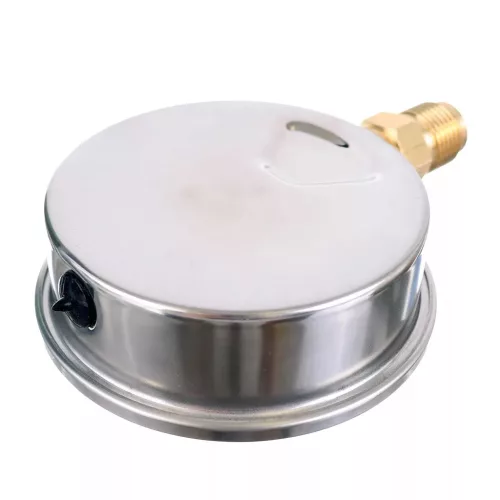 Manometru cu glicerină TC Technic, domeniu măsurare 0–6 bar, scală bar/PSI, diametru 100 mm, clasă de precizie 1,6, racord inferior filetat 1/2″, carcasă oțel, pentru gaze și lichide