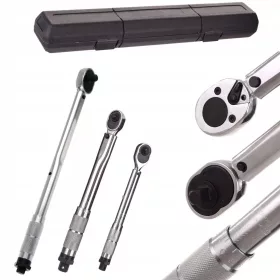   Set profesional 3 chei dinamometrice cu clichet, pătrat de antrenare 1/4", 3/8", 1/2", domeniu cuplu 5–240 Nm (5–25 / 19–110 / 42–210 Nm), lungimi 280 / 305 / 475 mm, fiecare în cutie de plastic pentru depozitare