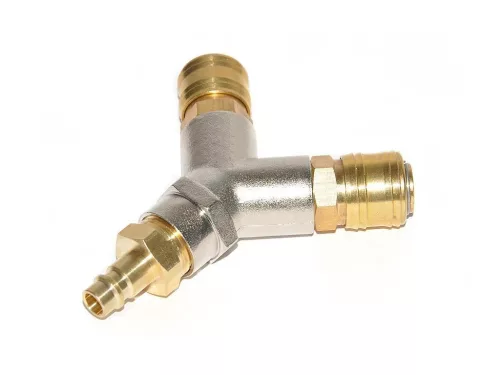Set distribuitor pneumatic în Y 1/2" cu T-idom, 3× filet interior din alamă, 2× cuplă rapidă femelă cu oprire automată a aerului și 1× mufă mascul pentru compresoare și sisteme de aer comprimat