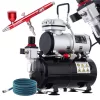 Compresor pentru aerografe Fengda AS-186 cu rezervor 3 L, motor 1/6 CP (≈ 125 W), debit 20–23 l/min, 47 dB, set cu aerograf cu acțiune dublă TC Technic B-130P duză 0,3 mm, rezervor 7 cm³ și furtun aer 3 m
