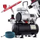 Compresor pentru aerografe Fengda AS-186 cu rezervor 3 L, motor 1/6 CP (≈ 125 W), debit 20–23 l/min, 47 dB, set cu aerograf cu acțiune dublă TC Technic B-130P duză 0,3 mm, rezervor 7 cm³ și furtun aer 3 m