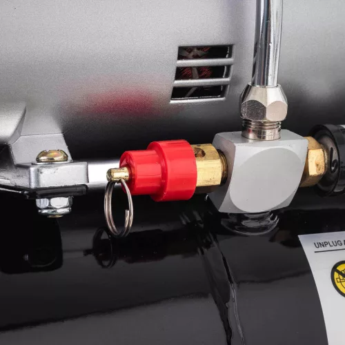 Compresor pentru aerografe Fengda AS-186 cu rezervor 3 L, motor 1/6 CP (≈ 125 W), debit 20–23 l/min, 47 dB, set cu aerograf cu acțiune dublă TC Technic B-130P duză 0,3 mm, rezervor 7 cm³ și furtun aer 3 m
