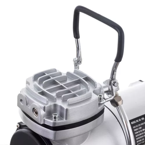 Compresor pentru aerografe Fengda AS-186 cu rezervor 3 L, motor 1/6 CP (≈ 125 W), debit 20–23 l/min, 47 dB, set cu aerograf cu acțiune dublă TC Technic B-130P duză 0,3 mm, rezervor 7 cm³ și furtun aer 3 m