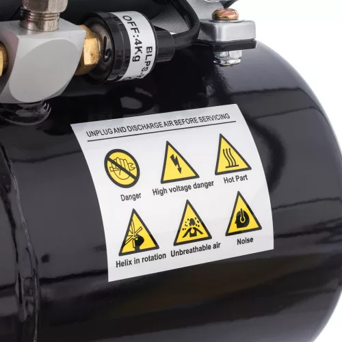 Compresor pentru aerografe Fengda AS-186 cu rezervor 3 L, motor 1/6 CP (≈ 125 W), debit 20–23 l/min, 47 dB, set cu aerograf cu acțiune dublă TC Technic B-130P duză 0,3 mm, rezervor 7 cm³ și furtun aer 3 m