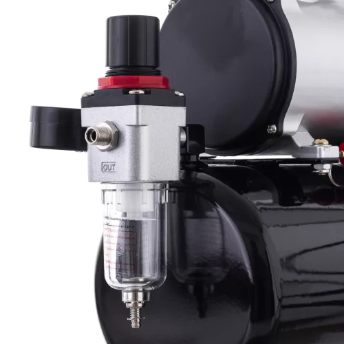 Compresor pentru aerografe Fengda AS-186 cu rezervor 3 L, motor 1/6 CP (≈ 125 W), debit 20–23 l/min, 47 dB, set cu aerograf cu acțiune dublă TC Technic B-130P duză 0,3 mm, rezervor 7 cm³ și furtun aer 3 m