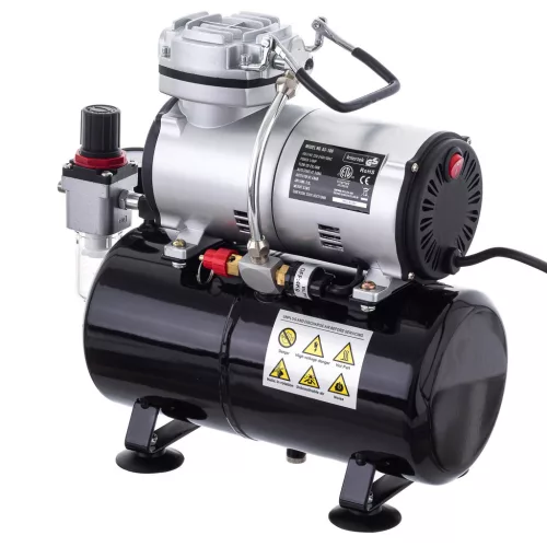 Compresor pentru aerografe Fengda AS-186 cu rezervor 3 L, motor 1/6 CP (≈ 125 W), debit 20–23 l/min, 47 dB, set cu aerograf cu acțiune dublă TC Technic B-130P duză 0,3 mm, rezervor 7 cm³ și furtun aer 3 m
