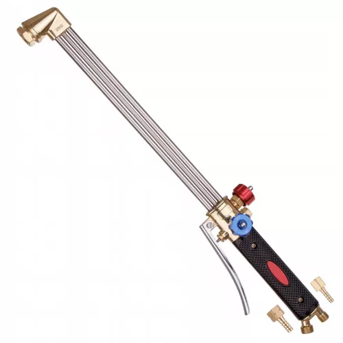 Arzator profesional de taiere cu gaz, lungime 50 cm, constructie fara injector bezinjectoriala pentru propan-oxigen sau acetilena-oxigen. Supapa anti-retur integrata, racorduri 3/8L si 1/4 Set 5 duze PNME compatibile PNME/ANME pentru taiere 3-200 mm