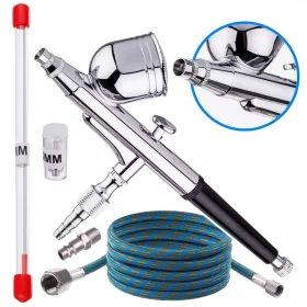   AB-130 aerograf profesional pentru modelism, set complet cu compresor mare, dâză 0,2 mm + 0,3 mm, rezervor superior 7 ml, acționare dublă (Double Action), furtun 3 m 1/8" cu adaptor 1/8" x 1/4"