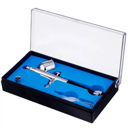 AB-130 aerograf profesional pentru modelism, set complet cu compresor mare, dâză 0,2 mm + 0,3 mm, rezervor superior 7 ml, acționare dublă (Double Action), furtun 3 m 1/8" cu adaptor 1/8" x 1/4"