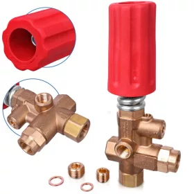   Valvă de siguranță și reglare presiune R+M ST-250 pentru aparate de spălat cu presiune, 3/8" 250 bar, 35 l/min, deviere (by-pass) și racord manometru 1/4"